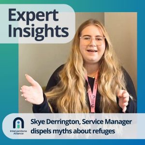 Our Refuge service manager Skye is sat facing the camera and is animated. She is wearing black, has long blonde hair and is mid discussion expressively using her hands